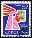 Stamp printed by Romania shows Rooster with savings book, circa 1962