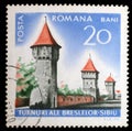 Stamp printed in Romania shows Sibiu City wall