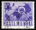 Stamp printed in Romania shows Telex instrument and world map Royalty Free Stock Photo