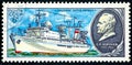 Stamp printed in the Russia shows Sergei Korolev Research Ship and Portrai