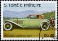 Postage stamp printed in S.Tome e Principe shows image of the retro car Mercedes cabriolet 1924 year of release