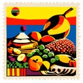 A stamp printed in South Africa shows image of the fruit and vegetables, circa 1988. AI generated