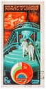Stamp printed in The Soviet Union devoted to the international partnership between Soviet Union and Bulgaria in space Royalty Free Stock Photo