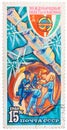 Stamp printed in The Soviet Union devoted to the international partnership between Soviet Union and Bulgaria in space Royalty Free Stock Photo