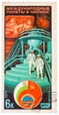 Stamp printed in The Soviet Union devoted to the international partnership between Soviet Union and Bulgaria in space Royalty Free Stock Photo
