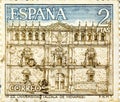 A stamp printed in the Spain shows the facade of the university of Alcala de Henares, community of Madrid