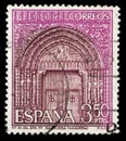 A stamp printed in the Spain shows Portal of St. Mary`s Church, Sanguesa, Navarre, Spain Royalty Free Stock Photo