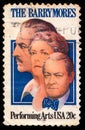 Stamp printed by United States of America, shows actors John, Ethel and Lionel Barrymore members of a well-known family of