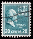 Stamp printed in United States. Displays a portrait of of James Abram Garfield