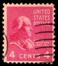 A stamp printed in United States. Displays the profile of President James Madison