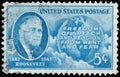 Stamp printed in the USA, shows a portrait of Franklin Delano Roosevelt