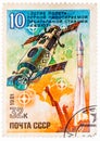 Stamp printed in USSR Russia shows Salyut Orbital Space Station, with inscriptions and name of series 10th Anniversary