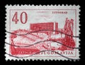 Stamp printed in Yugoslavia, shows Titograd Podgorica Hotel and Open-Air Theater in Cetinje