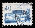 Stamp printed in Yugoslavia, shows Titograd Podgorica Hotel and Open-Air Theater in Cetinje