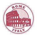 Stamp with Roman Colosseum and the word Rome, Italy inside