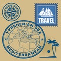 Stamp set with text Mediterranean, Tyrrhenian Sea