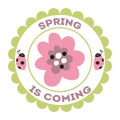 Stamp Spring is coming ladybug flowers green hand drawn wreath summer design element Royalty Free Stock Photo