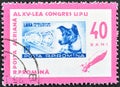 Stamp with Sputnik 2 and Laika, rocket, Stamp day