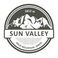 Stamp of Sun Valley in Idaho state, emblem with Bald Mountain peak, ski resort