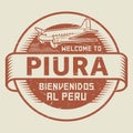 Stamp or tag with airplane and text Welcome to Piura, Peru