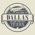 Stamp or tag with airplane and text Welcome to Texas, Dallas