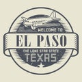 Stamp or tag with airplane and text Welcome to Texas, El Paso