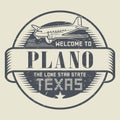 Stamp or tag with airplane and text Welcome to Texas, Plano