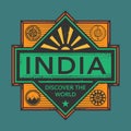 Stamp or vintage emblem with text India, Discover the World