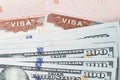 Stamp visa in the passport and american dollars close-up, top view Royalty Free Stock Photo