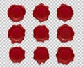 Stamp wax seal, red sealing wax stamps on vector transparent background. Realistic wax seals and stamps for certificate or