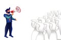 Man talking to the megaphone at the crowd of people. Isolated 3d illustration. Announcement to a group of people. Speech. Protest