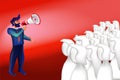 Man talking to the megaphone at the crowd of people. Announcement to a group of people. Speech. Protest. 3d illustration red backg