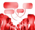 Crowd speaks. Speech bubble. Group of isolated people talking. Red silhouette head profile faces. Networking communication. Dialog