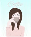 Coffee breakfast A vintage brunette woman drinking her cup of coffee illustration