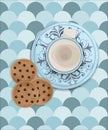 Morning breakfast Vector illustration of a cup of sweet latte coffee with decorated dish and sugar and some cookies