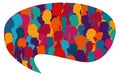 Speech bubble shape.Population.Crowd talking.Dialogue and communication group of diverse multiethnic and multicultural people.Silh