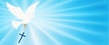 Abstract dove flying and carrying a Christian cross. Christian symbol. Light blue background with bright rays. Easter.Purity Royalty Free Stock Photo