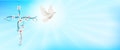 Flowered Christian cross and flying dove. Christian sign. Easter. Sign of purity. Christian faith. Baptism. Holy Spirit. Light blu