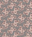 Hand drawn floral fantasy vector seamless pattern with pale pink hand drawn flowers and grey background