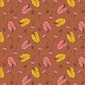 Autumn pattern repeat with flying fall leaves brown and yellow- seamless time for textile printing - vector illustration hand draw