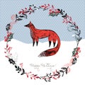 Christmas decorative wreath with winter plants and fox in rustic linocut scratchy style