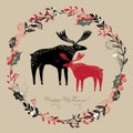 Composition of christmas wreath with moose in rustic linocut scratchy style Royalty Free Stock Photo