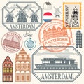 Stamps or symbols set with words Amsterdam, Netherlands Royalty Free Stock Photo