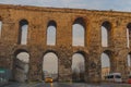 ISTANBUL, TURKEY: Aqueduct of Valens over city road. Ancient architecture of Istanbul.