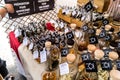 Stand of artisans selling a preparation of arranged rum at the medieval market Royalty Free Stock Photo