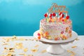 Stand with beautiful tasty birthday cake on table against color background Royalty Free Stock Photo