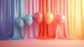 Stand for ceremony with multiicolor glossy balloons. Abstract background. By generative Ai
