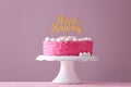 Stand with delicious birthday cake on table against color background