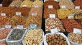 Stand with different kinds of nuts on the street market
