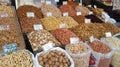 Stand with different kinds of nuts on the street market